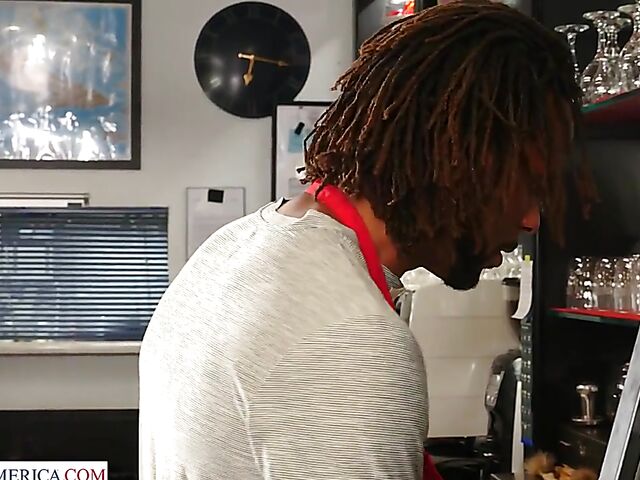 Well-endowed brunette MILF Jennifer White interracial fucked by a hung black waiter at the restaurant