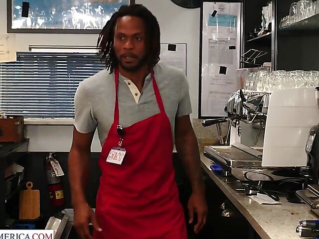 Well-endowed brunette MILF Jennifer White interracial fucked by a hung black waiter at the restaurant