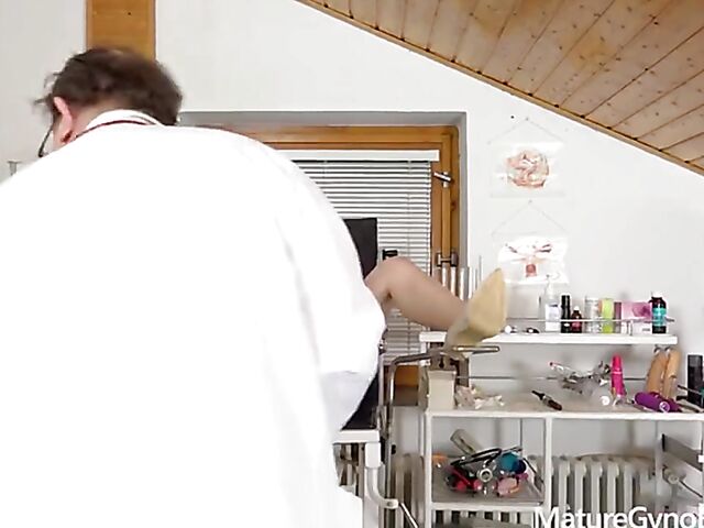 Old doctor and young redhead gyno exam with Kaira Love