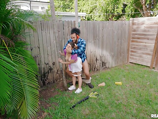 Sneaky outdoor sex in the backyard with petite slut Violet Gems