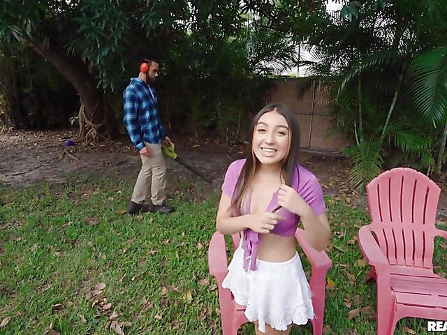 Sneaky outdoor sex in the backyard with petite slut Violet Gems