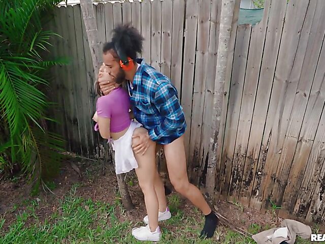 Sneaky outdoor sex in the backyard with petite slut Violet Gems