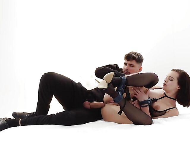 Submissive babe in black stockings Lea Guerlin gets tied and fucked