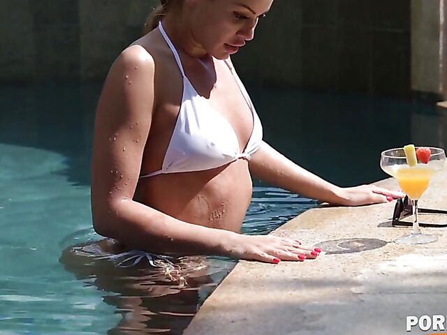 Double penetration by the pool with bikini babe Cherry Kiss