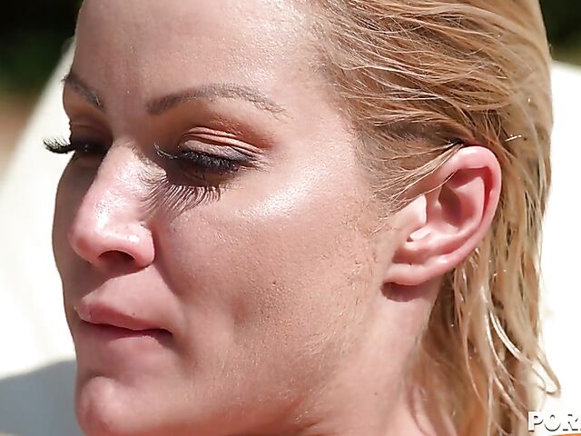 Double penetration by the pool with bikini babe Cherry Kiss