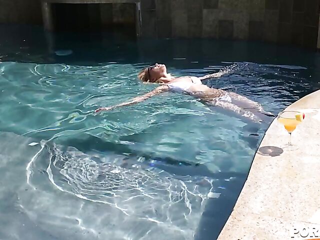 Double penetration by the pool with bikini babe Cherry Kiss