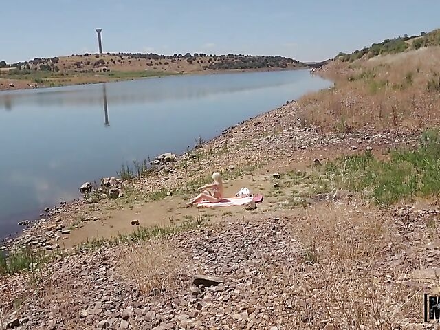 Point-of-view outdoor sex by the lake with natural tits blonde Lisi Kitty