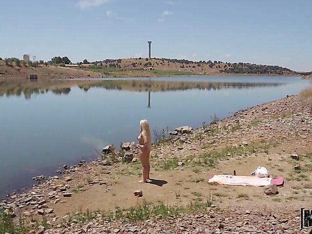 Point-of-view outdoor sex by the lake with natural tits blonde Lisi Kitty