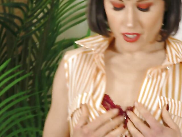 Lucy Love - British MILF dildo fucking session in sheer stockings