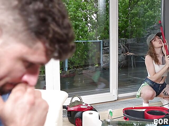 Two cocks same time for tattooed cleaning girl Eden Ivy