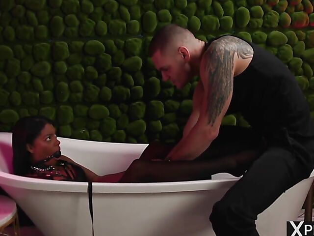 Ball gagged submissive dark skin babe Sofi Vega gets used in the bathtub