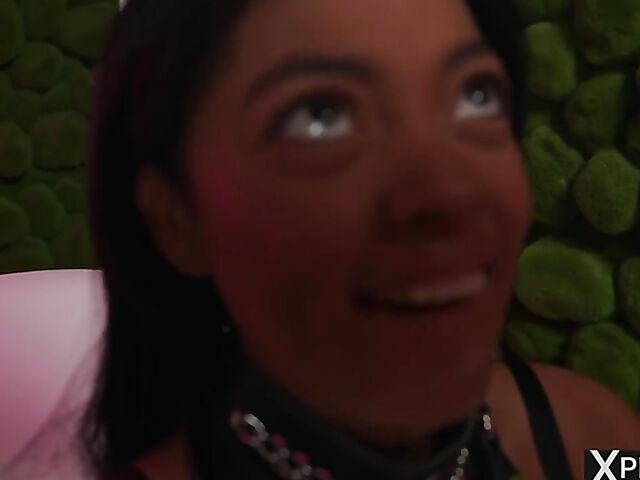 Ball gagged submissive dark skin babe Sofi Vega gets used in the bathtub