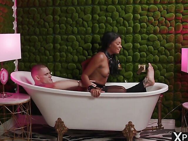 Ball gagged submissive dark skin babe Sofi Vega gets used in the bathtub