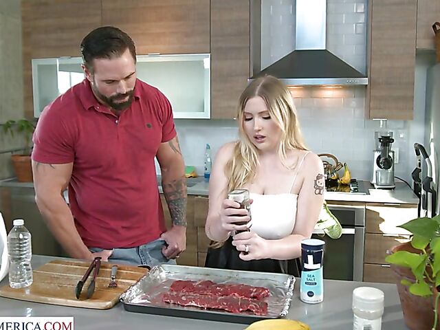 Pale big tits blonde Emma Shay gets horny in the kitchen