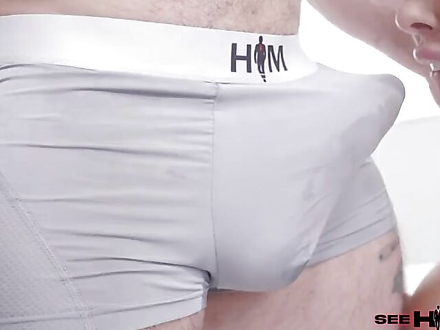 Blonde shemale pornstar Brittney Kade licks Sergeant Miles' asshole and gets anal fucked