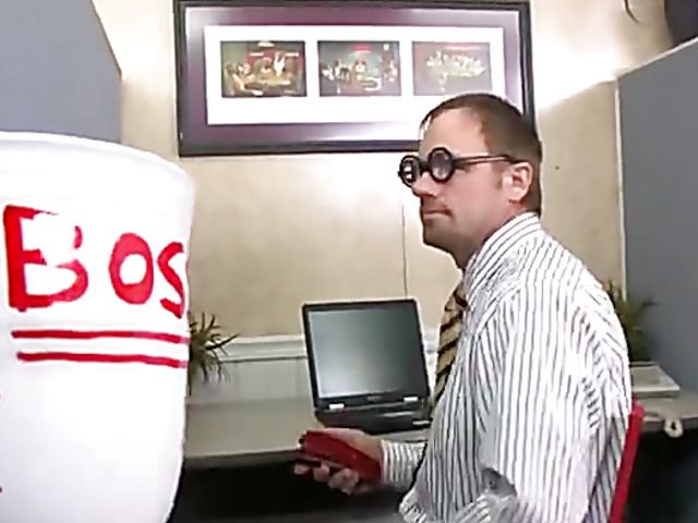 Cum on glasses for naturally titted office babe