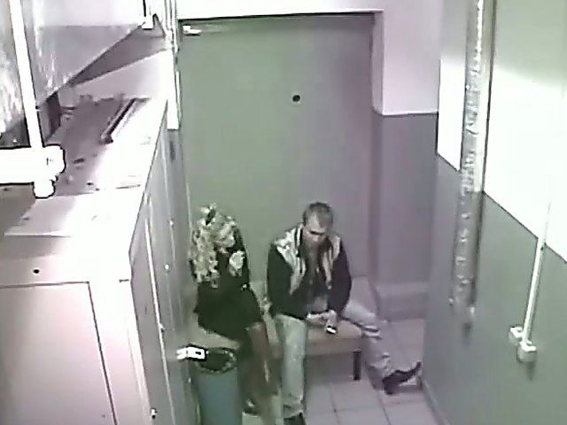 Horny couple fuck in a public locker room