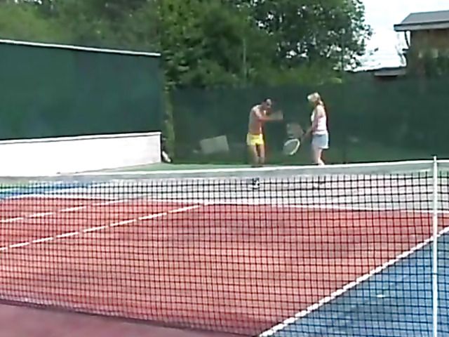 Tennis court threesome with a blonde slut