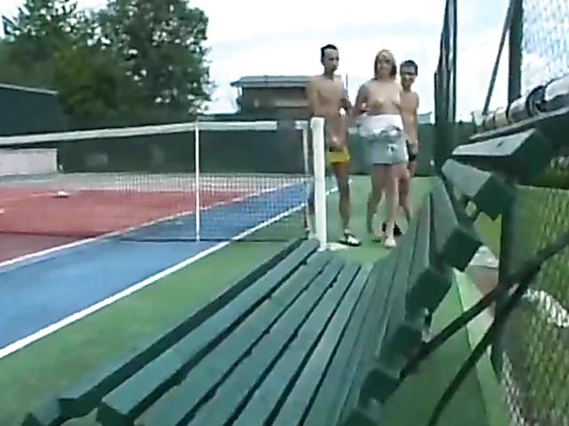 Tennis court threesome with a blonde slut