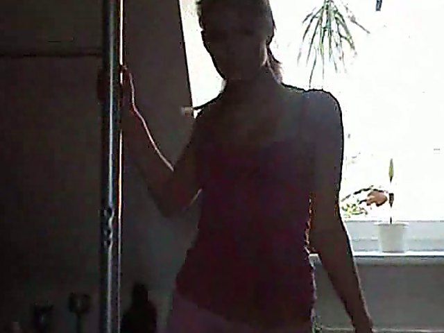 Pretty blonde teen strips, posses and sucks cock