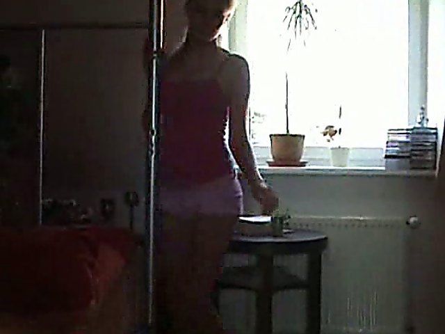 Pretty blonde teen strips, posses and sucks cock