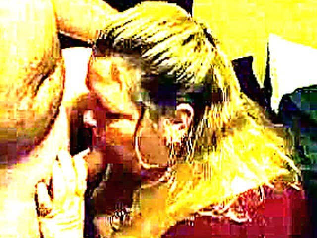 Blonde babe with massive tits sucks cock