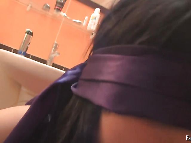 Blindfolded chesty brunette throated and facialized