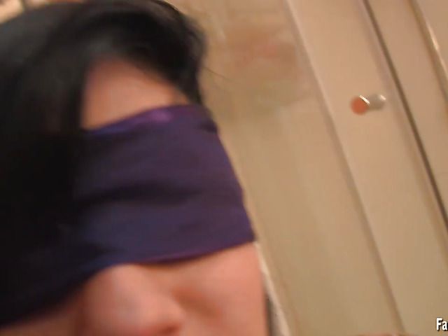 Blindfolded chesty brunette throated and facialized