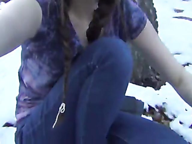 Pussy fingering in the snow with jeans down