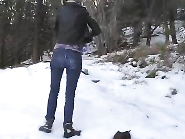 Pussy fingering in the snow with jeans down