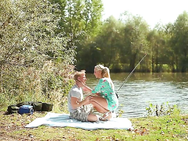 Sex by the lake with charming blonde girl