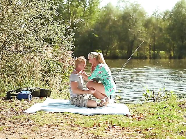 Sex by the lake with charming blonde girl