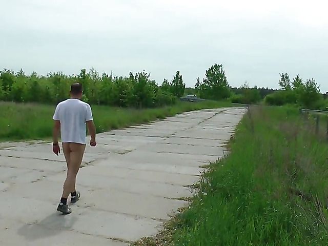 Horny couple and an older man fuck outdoors