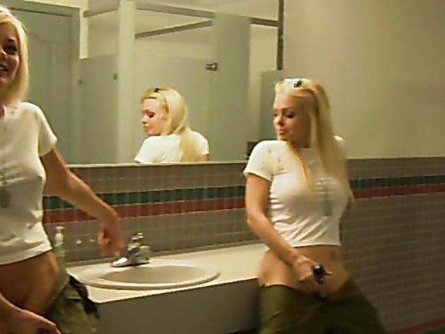Cock sucking in the bathroom with two hot blondes