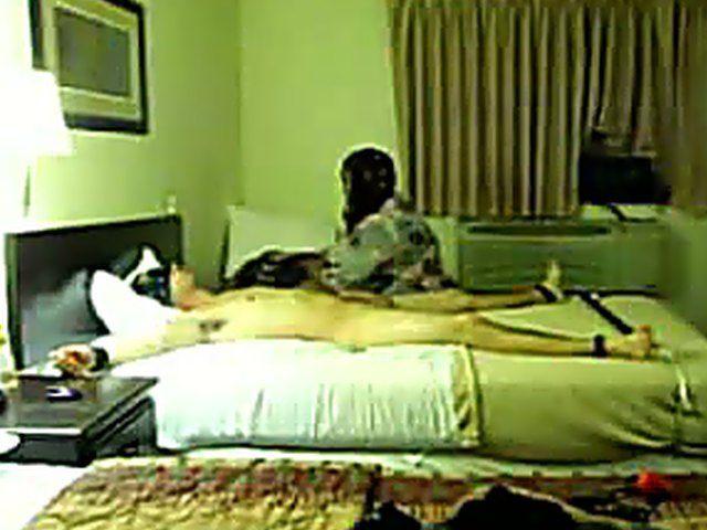 Huge ebony whore fucks a tied up man