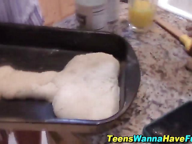 Kitchen threesome with two amateur teen girls