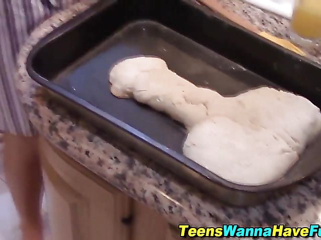 Kitchen threesome with two amateur teen girls