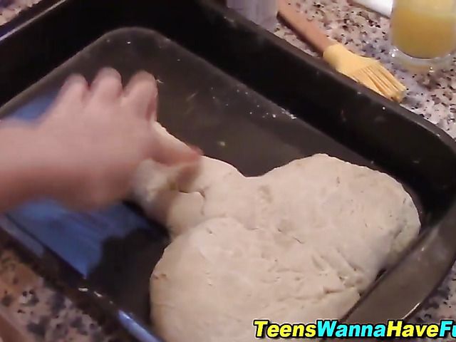 Kitchen threesome with two amateur teen girls