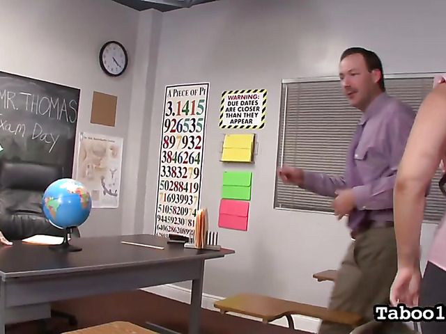 Busty woman makes schoolgirl stroke teachers cock