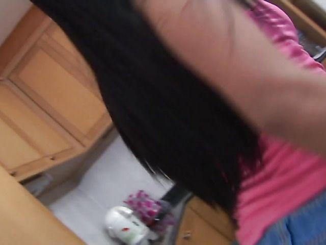 Asian girl with perfect tis milks a cock in the kitchen