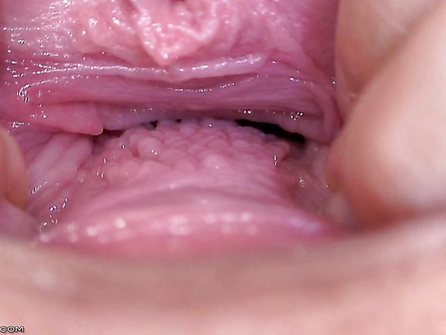 Blue Angel pulls her pink pussy inside out in close up