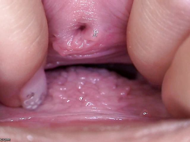 Blue Angel pulls her pink pussy inside out in close up