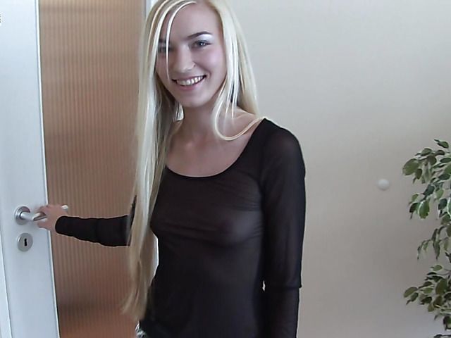 Teen with bald pussy loves her suction cup dildo