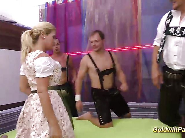 German blonde MILF with pierced pussy lips gets gang fucked