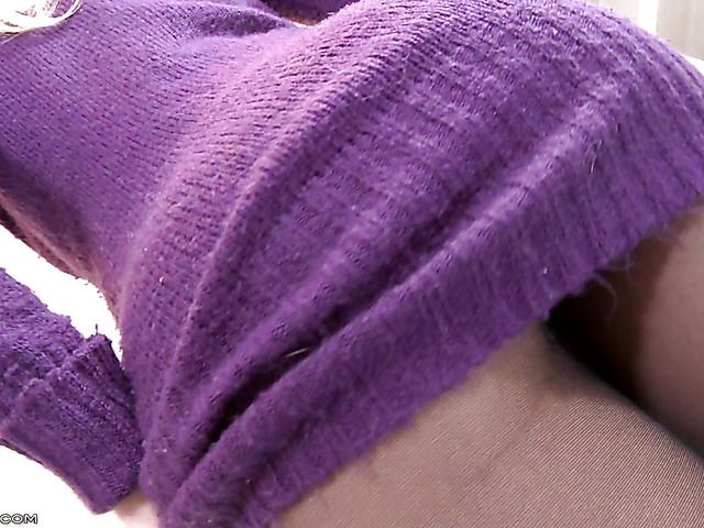 Ashley Jane in sheer pantyhose puts her pierced pussy on show