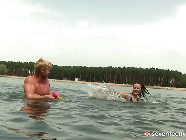 Outdoor sex on the bank of the lake with big titty Rita