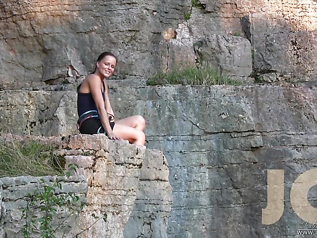 Sexy tiny titted mountain climber masturbating outdoors
