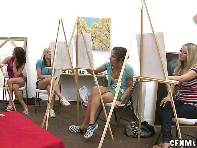 CFNM drawing class with nude models getting jerked off