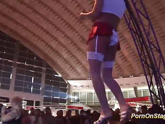 Hot lesbian sex show on public stage
