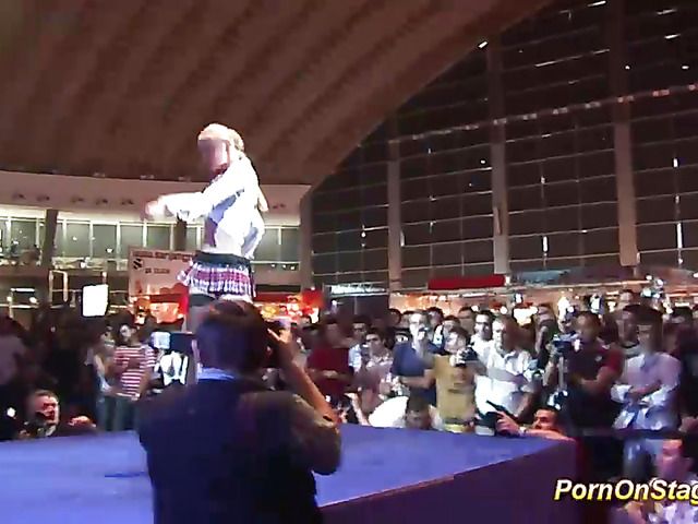 Hot lesbian sex show on public stage